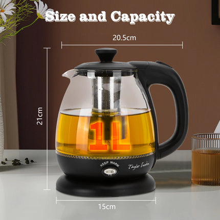 1L Glas-Wasserkocher mit Teesieb, 2200W Schnellkochfunktion, BPA-freies LED-Licht und Warmhaltefunktion