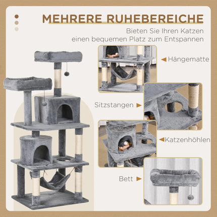 145cm hoher mehrstufiger Katzenbaum mit Sisalstämmen und gemütlichen Höhlen für Indoor-Kletterspaß