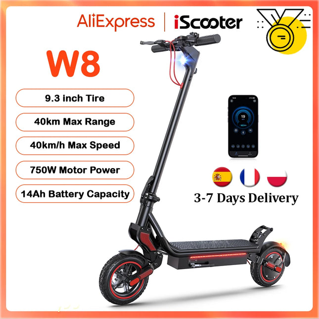 W8 Electric Scooter 750W Motor 48V 14Ah Battery Dual Suspension Off Road Tires 40km/h Range Foldable