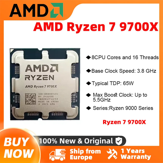 AMD Ryzen 7 9700X 5.5GHz 8-Core 16-Thread Desktop Processor 40MB Cache 65W TDP Socket AM5 Gaming CPU