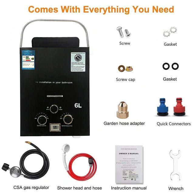 6L Portable Propane Gas Tankless Water Heater for Outdoor Camping and Off-Grid Hot Shower System