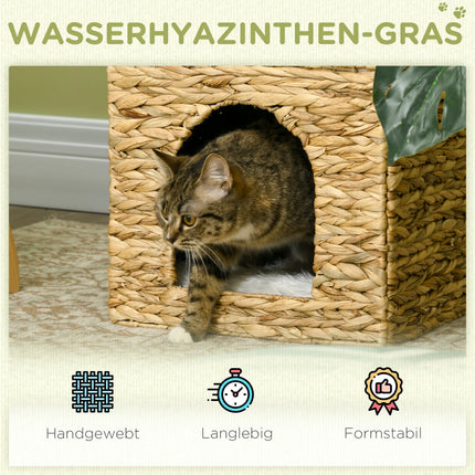 2-stöckiges Rattan-Katzenhaus Katzenhöhle mit weichem Kissen, geflochtenes Korb-Katzenbett für drinnen