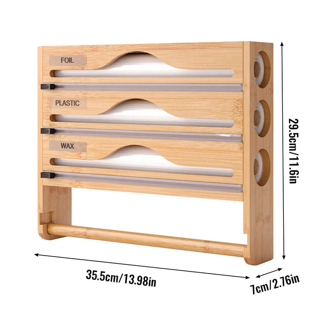 Bamboo Foil and Plastic Wrap Organizer with Paper Towel Holder Wall Mount Kitchen Storage Dispenser