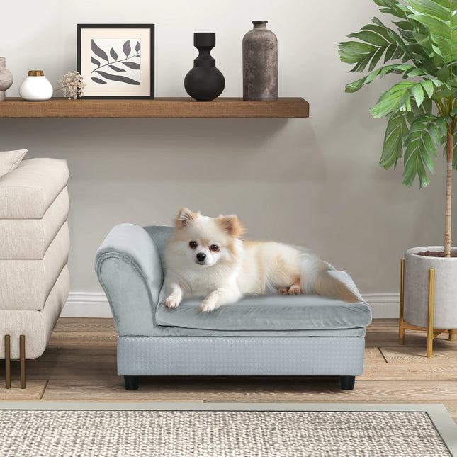 Plush Pet Sofa Bed with Hidden Storage Space, Wooden Frame, Comfortable Grey Mat, 76x45x43cm Size