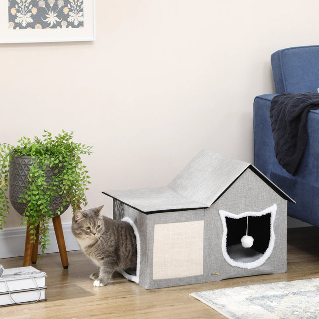 Modern Wooden Cat Cave Bed with Integrated Scratching Pad Double Doors and Playful Hanging Toy Ball