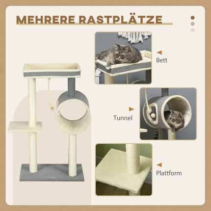 104cm Three-Tier Cat Tree with Sisal Scratching Posts, Cozy Cat Cave and Hanging Play Ball for Cats