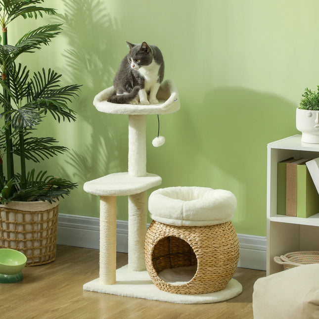 Three-Tier 79cm Cat Tree Scratching Post with Cozy Cave and Cuddly Beds in Cream White for Small Cats