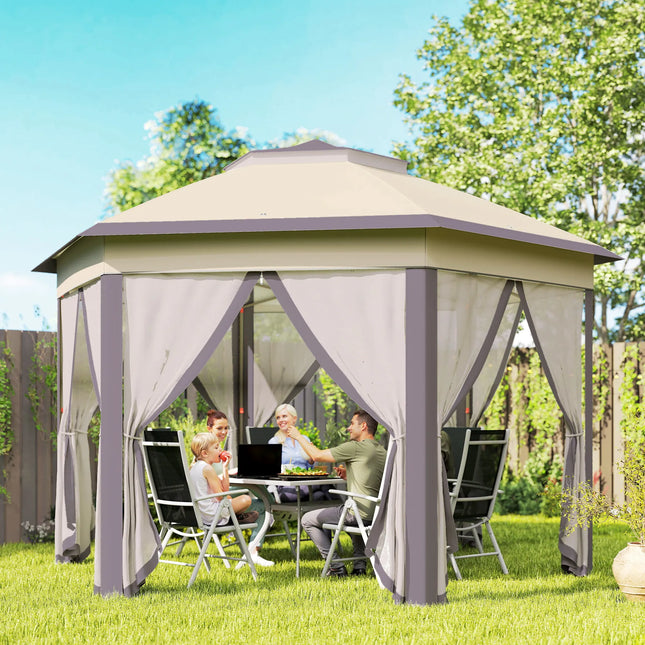 4m x 4m Folding Garden Pavilion with Double Roof Poly Cotton Canopy in Coffee and Beige Color Scheme