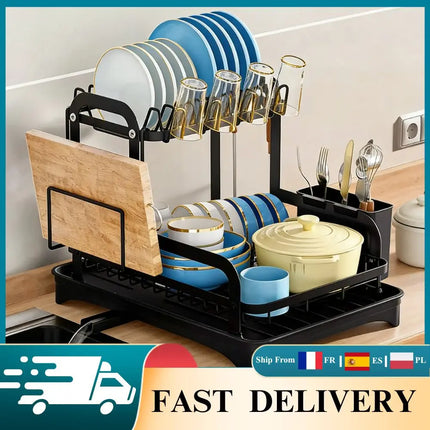 2-stufiger Geschirrabtropfständer mit Abtropfbrett, Eisen-Küchenarbeitsplatten-Organizer und Geschirraufbewahrung