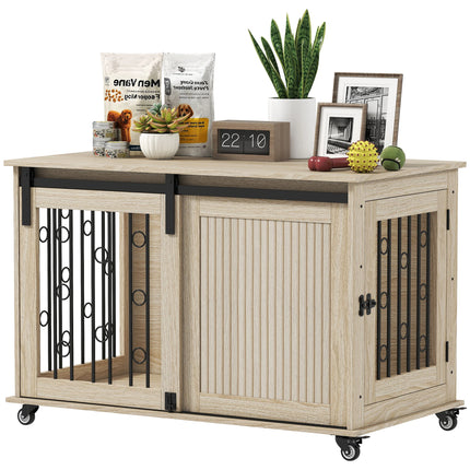 100cm Indoor Dog Crate with Rollers and Two Sliding Doors for Comfortable Pet Home Furniture Oak