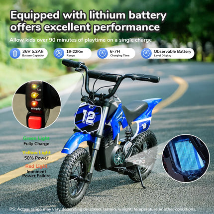 Kids Electric Motorcycle with 350W Motor 36V 5.2Ah Battery 22km Range 3 Speed Settings Shock Absorbers