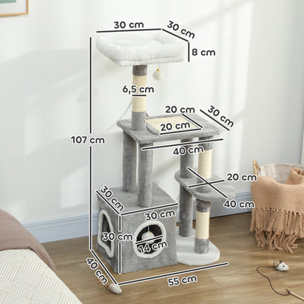 107cm Cat Tower with Cave and Sisal Scratching Trunks Three Tier Wooden Activity Centre for Cats