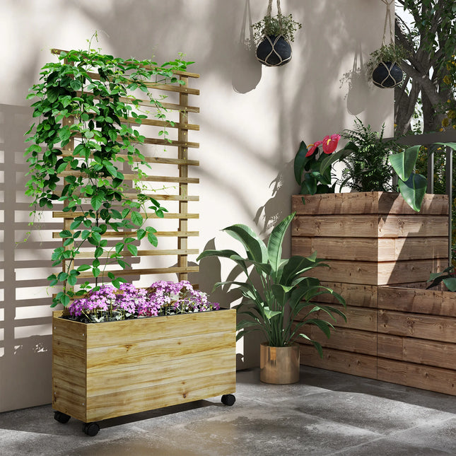 Wooden Raised Bed Planter Box With Trellis And Wheels For Climbing Plants Mobile Garden Flower Bed