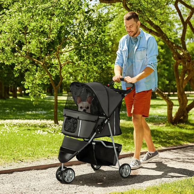 Folding Three-Wheel Pet Stroller for Dogs and Cats Up to 10kg with Cushion Mesh Window Cup Holder