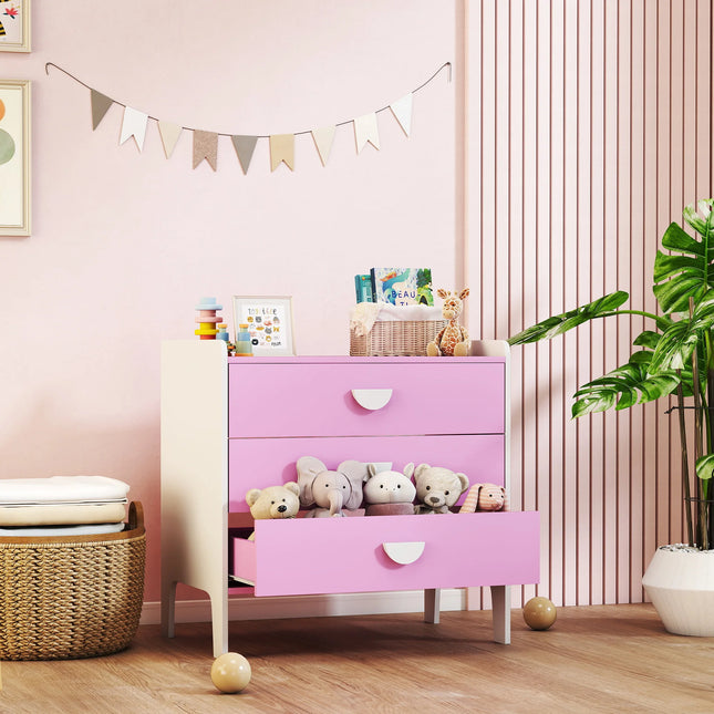 Childrens Wooden Bedroom Dresser Storage Unit with 3 Easy-Open Drawers for Kids Room Pink and White