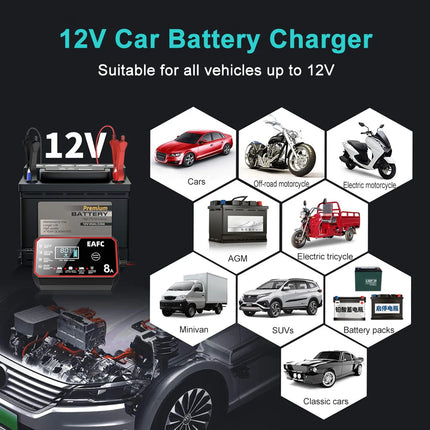 Cargador de Batería Inteligente 12V 8A para Ácido de Plomo y LiFEPO4 con Reparación por Pulso y Mantenimiento Automático de Carga Lenta