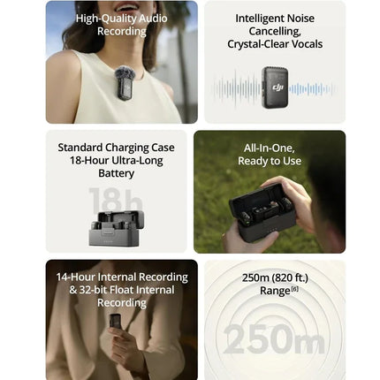 Microphone cravate sans fil DJI Mic 2 avec réduction de bruit enregistrement interne 32 bits flottants portée 250 m