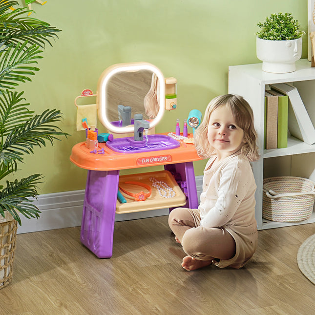 Kids Dressing Table with Mirror LED Lights and Music Interactive Purple Play Vanity for Children