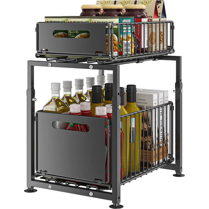 Double Layer Under Sink Organizer Pull-Out Cabinet Storage Rack Height Adjustable Metal Shelf Unit