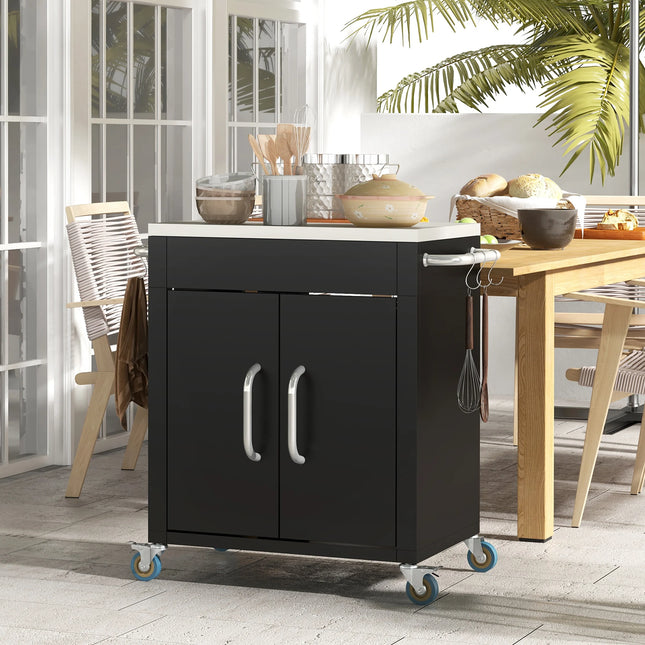 Mobile Kitchen Serving Trolley With Stainless Steel Top Storage Wardrobe And Hooks For Outdoor BBQ