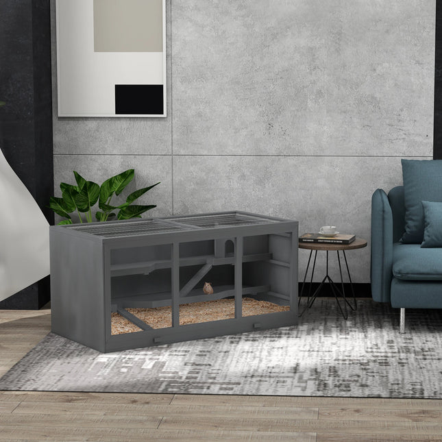 Three-Story Wooden Hamster Cage With Ventilation Roof And Stairs For Small Rodents Gray Pet Villa