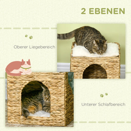 2-stöckiges Rattan-Katzenhaus Katzenhöhle mit weichem Kissen, geflochtenes Korb-Katzenbett für drinnen