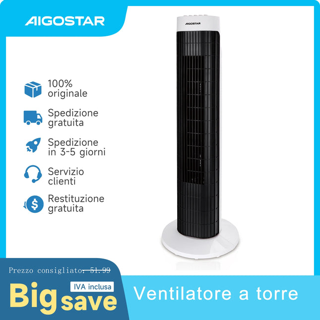 Aigostar 76cm Tower Fan with 2H Timer, 3 Speed Modes, 85° Oscillation and 45W Motor for Home Cooling