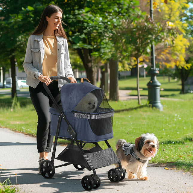 2-in-1 Pet Stroller and Detachable Carrier Bag with Safety Brakes and Breathable Mesh in Dark Blue