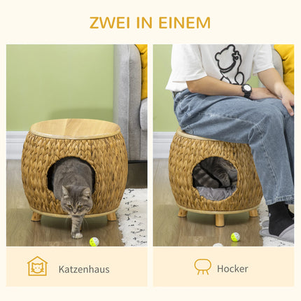 2-in-1 Rattan-Katzenhöhlenbett mit weichem Kissen und Sitzplatz oben Holzhaustierhaus für kleine Katzen und Kätzchen