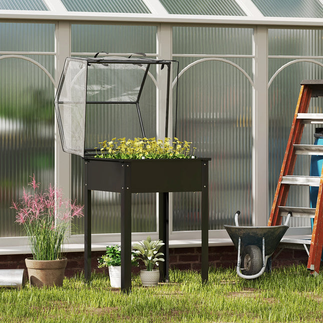 Elevated Raised Garden Bed with Greenhouse Cover and Drainage Holes for Balcony and Patio Gardening