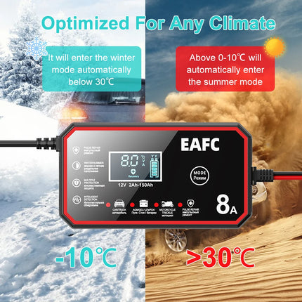Cargador de Batería Inteligente 12V 8A para Ácido de Plomo y LiFEPO4 con Reparación por Pulso y Mantenimiento Automático de Carga Lenta