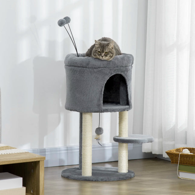 Two Tier 73.5cm Cat Scratching Post with Sisal Columns and Cozy Cat Cave in Grey for Indoor Pets