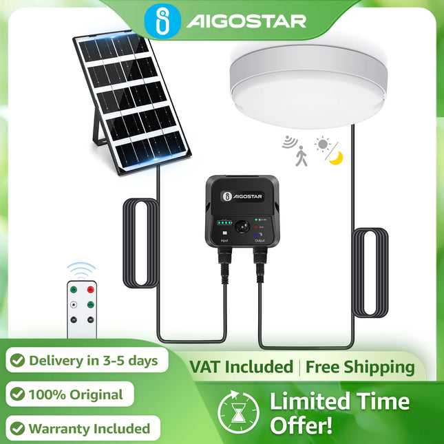 Aigostar 35W Solar LED Ceiling Light with Motion Sensor, Remote Control, IP65 Waterproof, 8m Cable