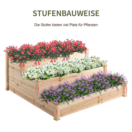 3-Tier Wooden Raised Garden Bed Planter Staircase For Backyard Balcony Outdoor Flowers Plants Grow
