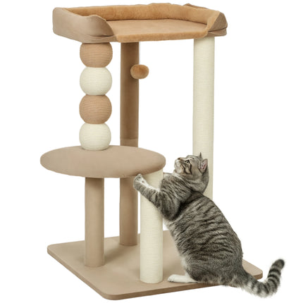 86cm Three-Tier Cat Tree Scratching Post with Toy Ball and Plush Platform for Cats Up To 7kg Coffee