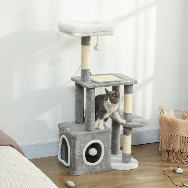 107cm Cat Tower with Cave and Sisal Scratching Trunks Three Tier Wooden Activity Centre for Cats