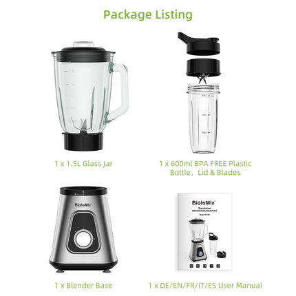 1300W Professional Blender with 1.5L Glass Pitcher for Frozen Smoothies, Sauces and Ice Crushing