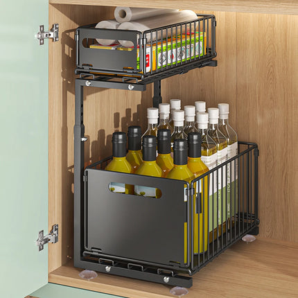 2-stöckiger verstellbarer Ausziehschrank-Organizer unter der Spüle, Schubladen-Aufbewahrungsregal für die Küche