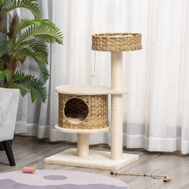 Three-Tier Rattan Cat Tree And Scratching Post With Cozy Cat Cave, 95cm Tall Climbing Activity Center