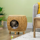 2-in-1 Rattan-Katzenhöhlenbett mit weichem Kissen und Sitzplatz oben Holzhaustierhaus für kleine Katzen und Kätzchen