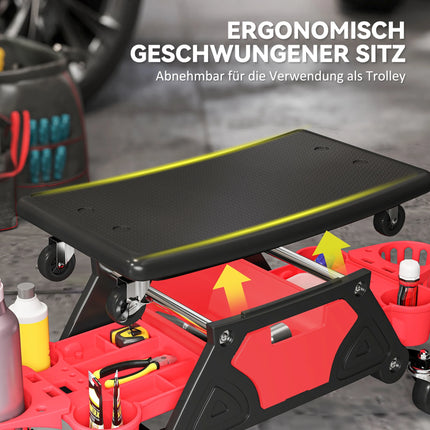 Sgabello da officina con cassetto portaoggetti e vassoi per attrezzi, sedile mobile per meccanico alto 33 cm per garage