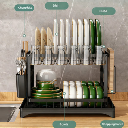 2-lagiger Edelstahl Geschirrabtropfständer mit Abtropfbrett, Aufbewahrungsorganizer für Geschirr auf der Arbeitsplatte