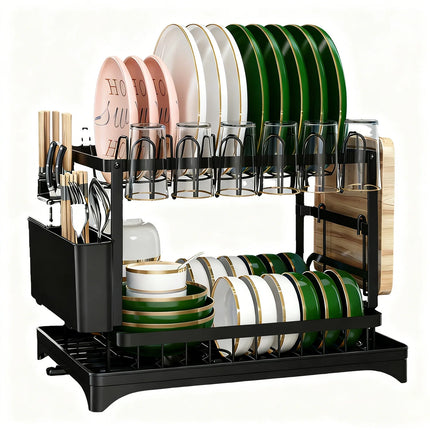 2-lagiger Edelstahl Geschirrabtropfständer mit Abtropfbrett, Aufbewahrungsorganizer für Geschirr auf der Arbeitsplatte