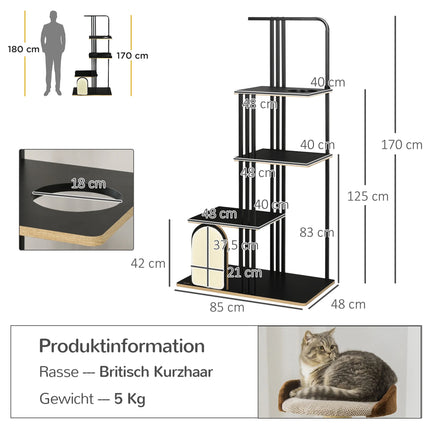 170 cm Vierstöckiger Katzenbaum mit Kratzpfosten, Sisal-Kratzbrett und weichem Kissen Kletterturm
