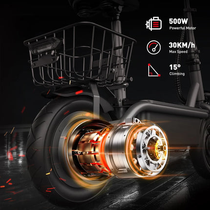 10 Inch Folding Electric Bike 500W Motor 30KM Range Commuter E-Bike with Comfort Seat and Front Basket