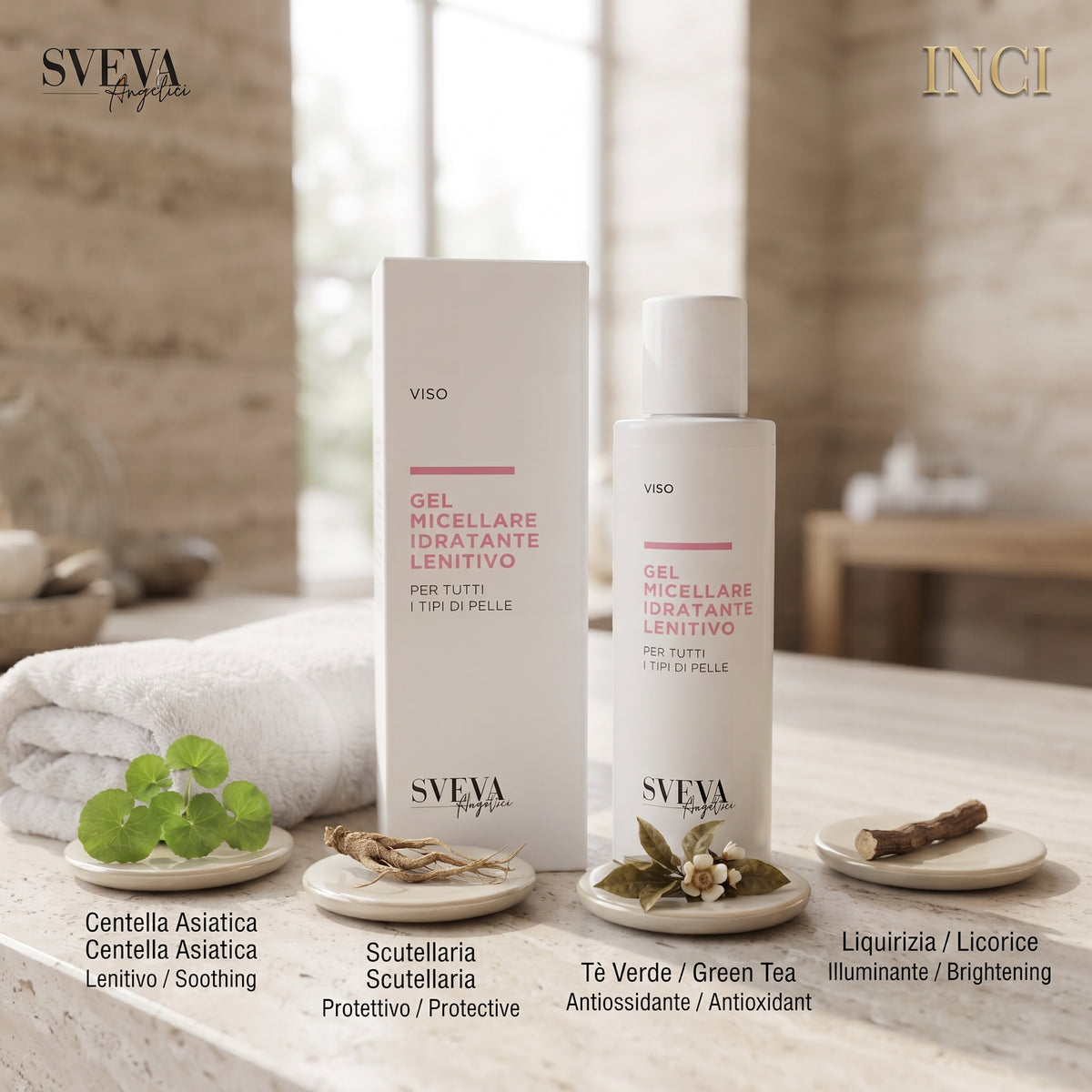 101 Cosmetica Sveva Hydrating Soothing Micellar Gel for All Skin Types Made in Italy Sveva Line 150 ml