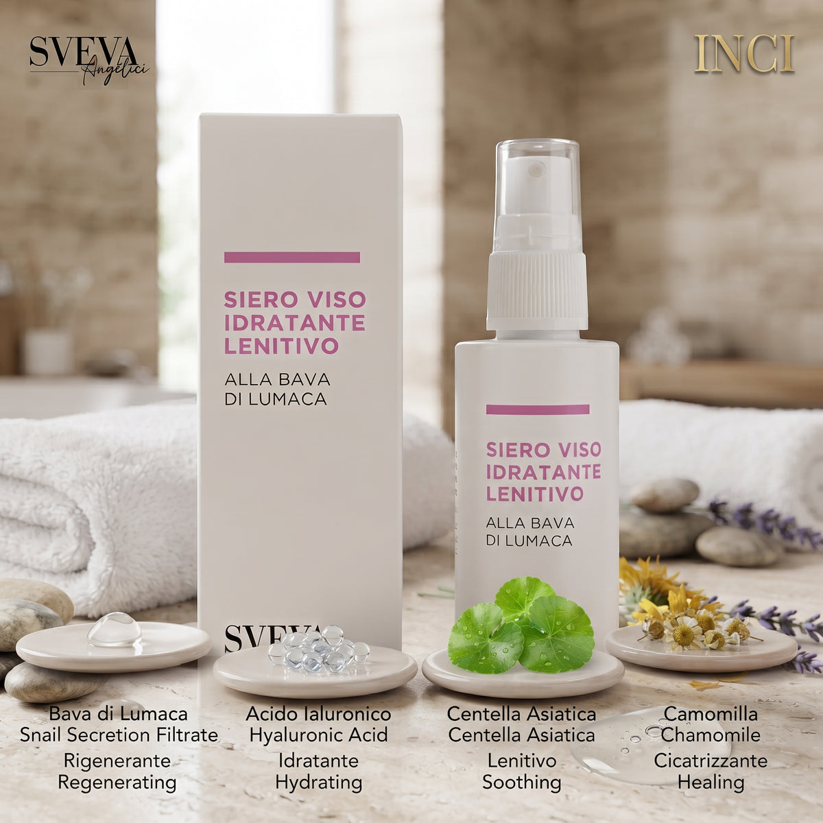 101 Cosmetica Sveva Hydrating Soothing Face Serum with Snail Secretion Filtrate and Hyaluronic Acid Made in Italy Sveva Line 50 ml