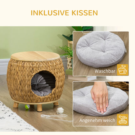 2-in-1 Rattan-Katzenhöhlenbett mit weichem Kissen und Sitzplatz oben Holzhaustierhaus für kleine Katzen und Kätzchen