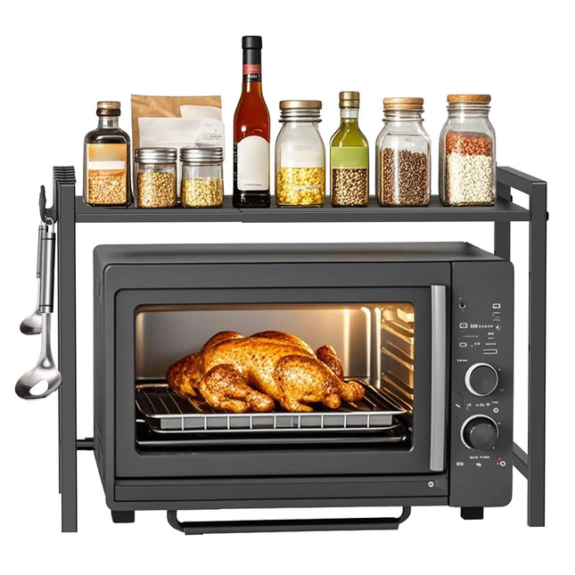Expandable Microwave Oven Shelf Adjustable Kitchen Counter Storage Rack Organizer with Six Hooks
