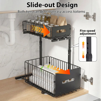 2-stöckiger verstellbarer Ausziehschrank-Organizer unter der Spüle, Schubladen-Aufbewahrungsregal für die Küche